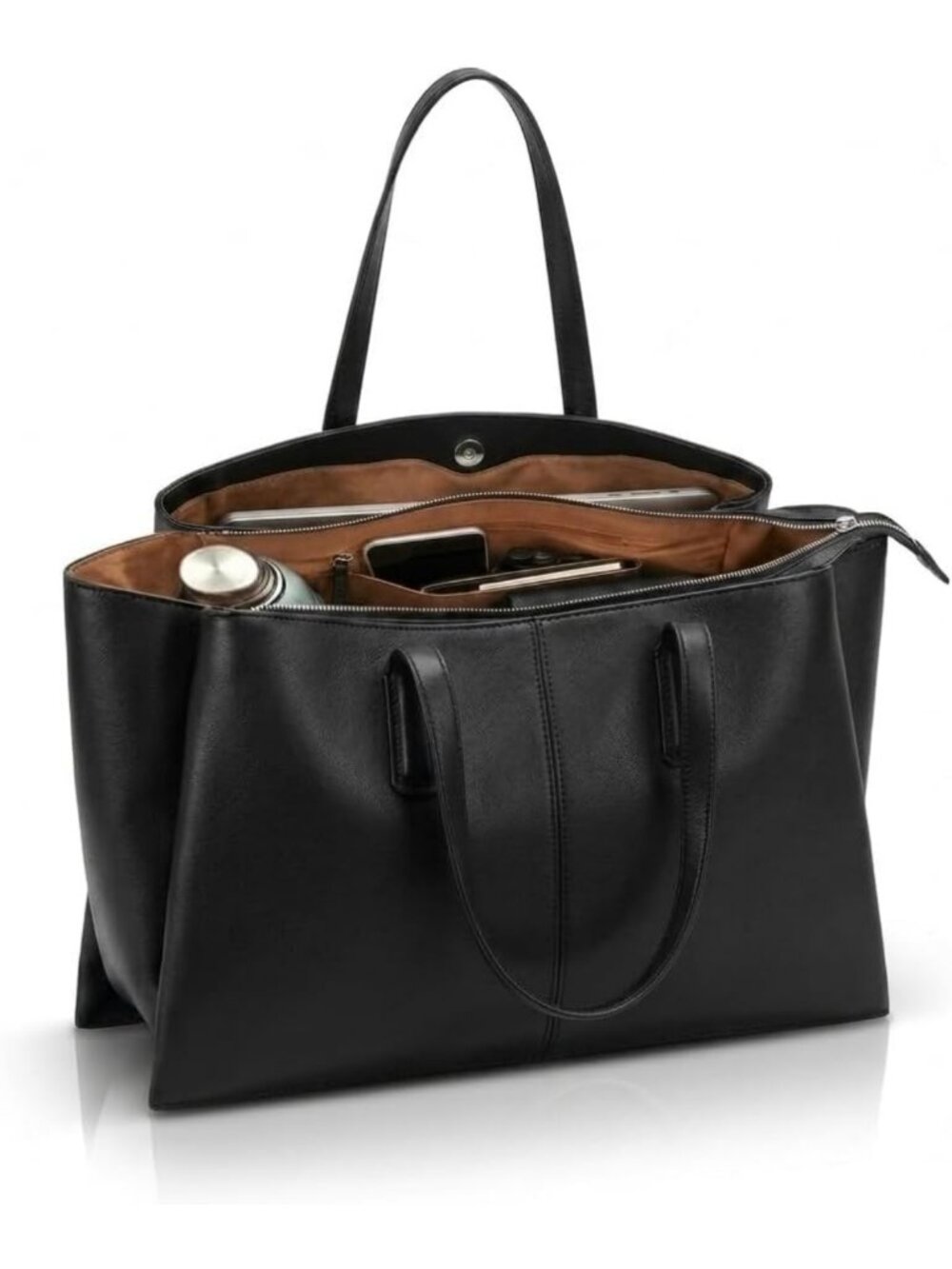 Stylish Large Vegan Leather Tote Bag for Women, Triple Compartment Laptop Purse